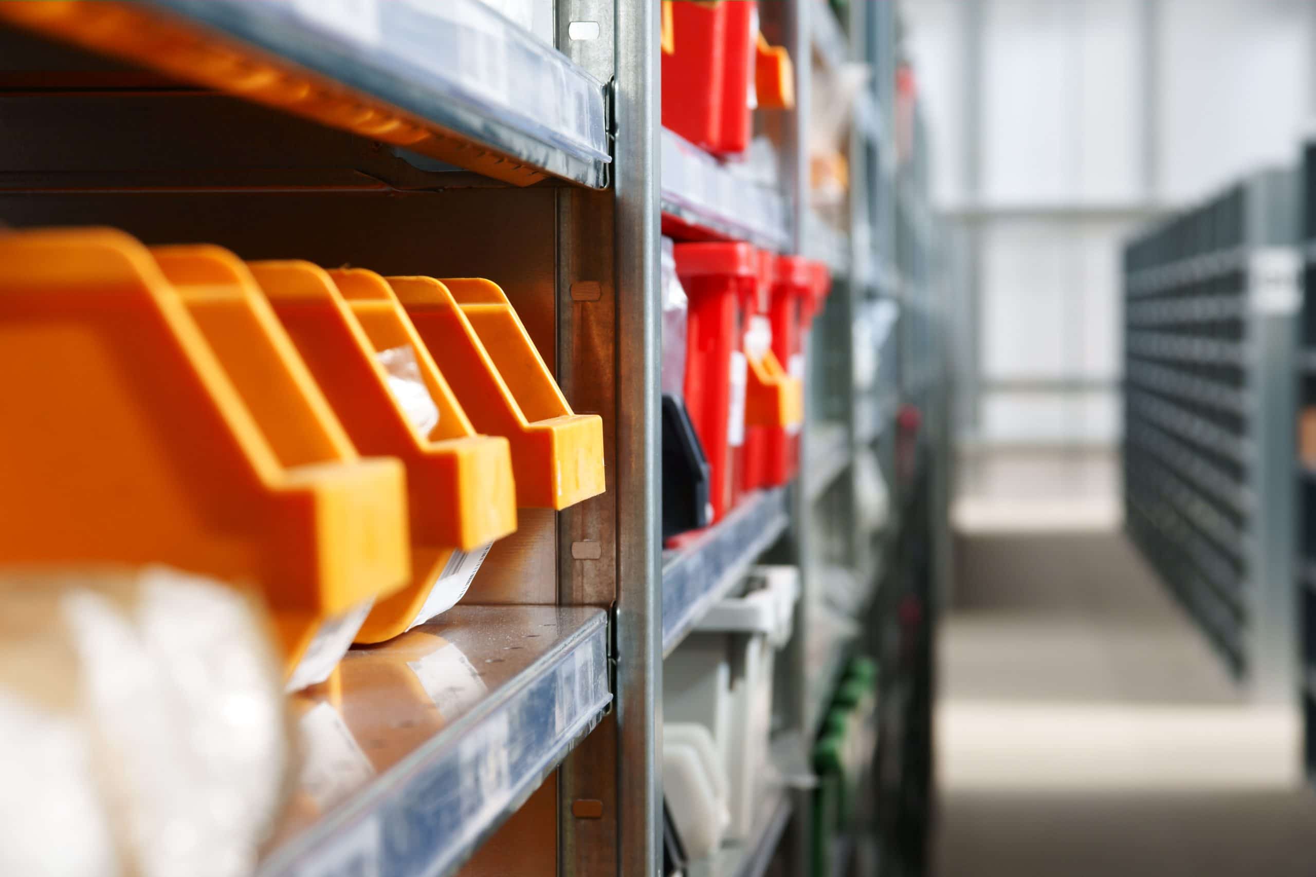 Storage shelves holding containers for business storage in warehouse Edmonton