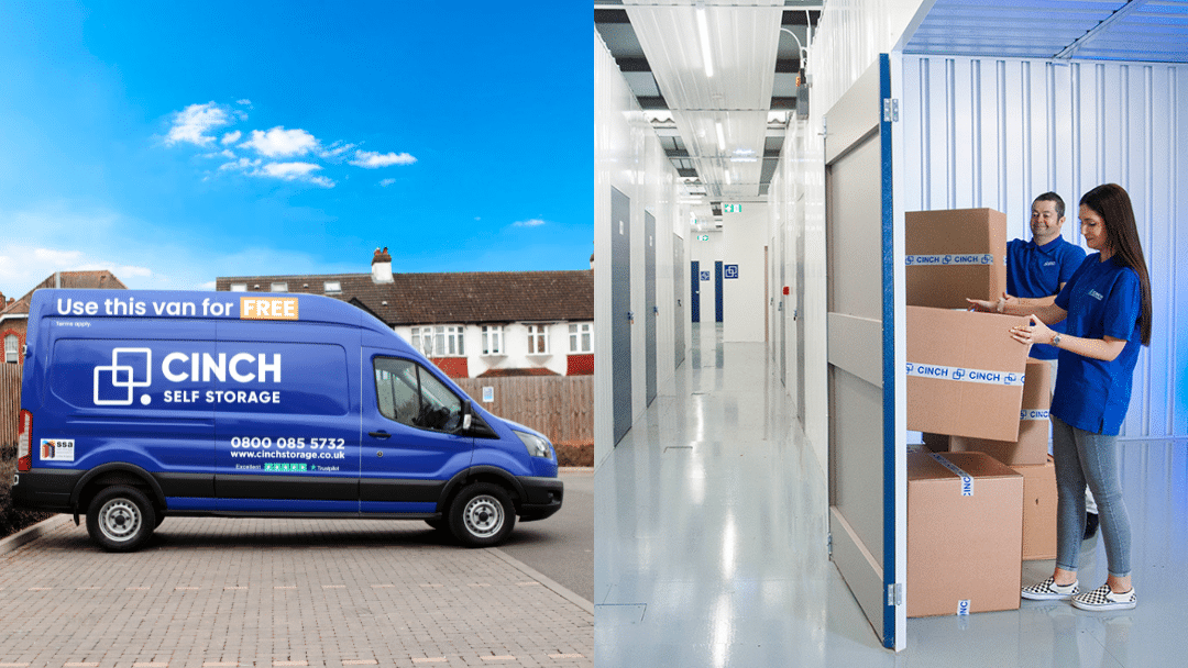 Storage in Newbury - image shows Cinch Storage Van and storage units with two people stacking boxes in storage unit