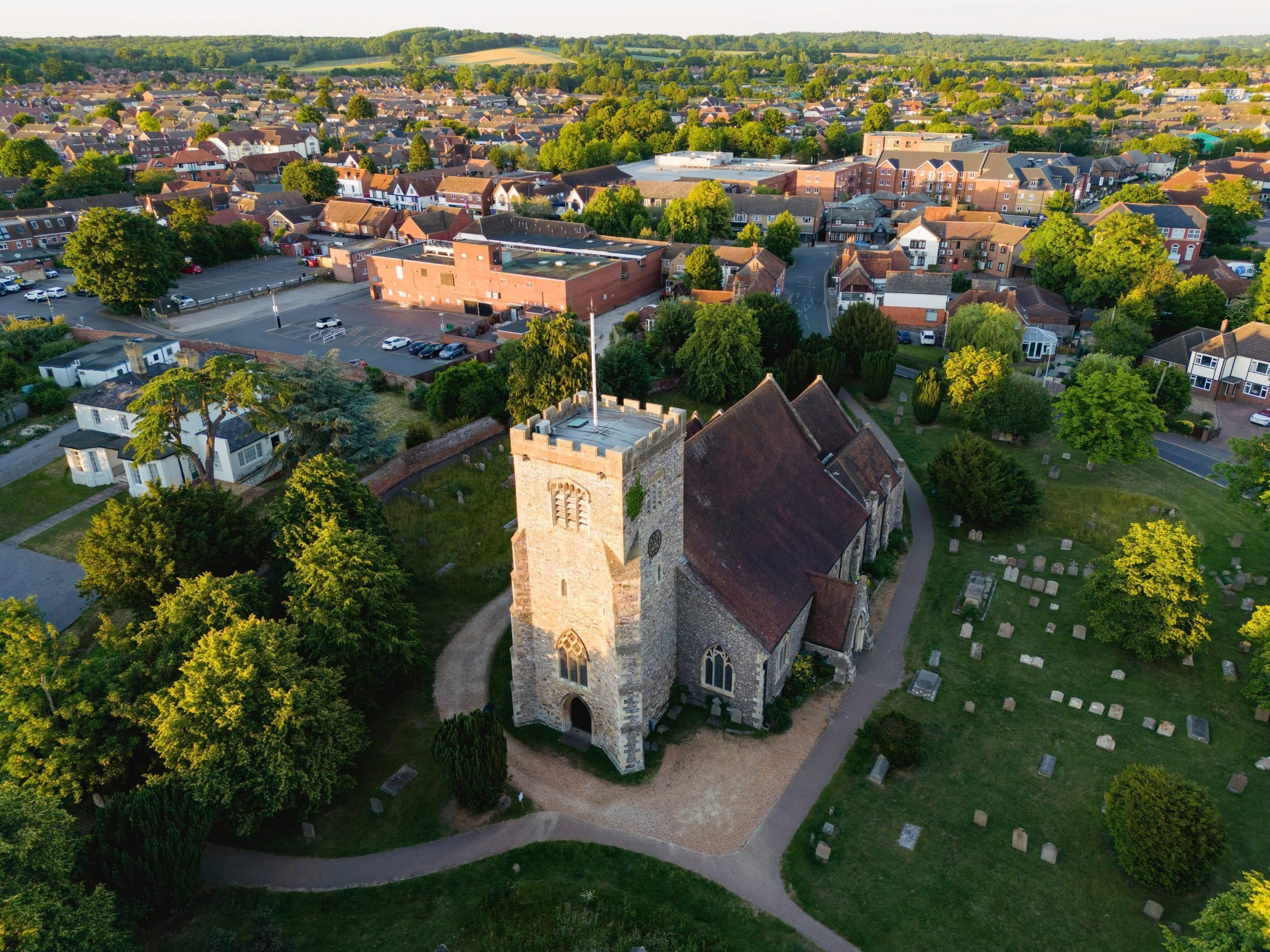 Self storage in Thatcham - image shows an aerial view of St Marys Church and the surrounding town