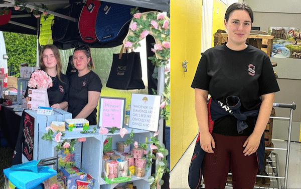 jasmine_case_study_cinch_storage. Image shows Jasmine at a tradeshow stand and Jasmine standing by her storage unit. 