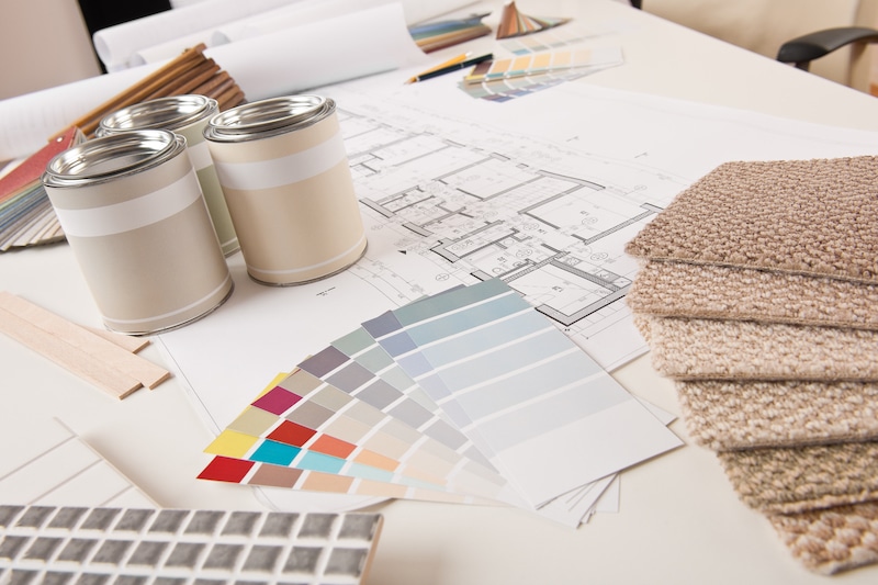 Storage unit Newbury. Image shows a desk covered with interior design samples with pots of paint, paint charts, floor plans and carpet samples. 