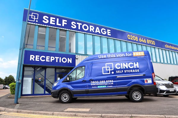 Self Storage Mitcham. Image shows exterior of Cinch Self Storage Mitcham Facility with a blue Cinch Self Storage van parked outside. 