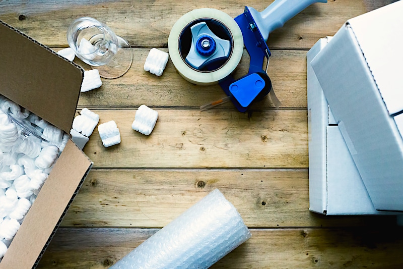 Storing fragile items. Image shows a blue tape gun, boxes, packaging filler and a glass on a brown wooden slatted table.